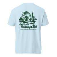 t-shirt with 'Queens Country Club' logo on the front and back. Queens Unisphere Golf Tee