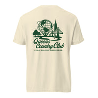 t-shirt with 'Queens Country Club' logo on the front and back. Queens Unisphere Golf Tee