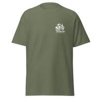 Green t-shirt with a logo on the chest against Queens Unisphere Golf Tee