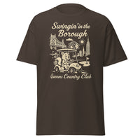 Queens Country Club T-shirt featuring vintage-style golf squirrel mascot driving a golf cart with NYC skyline, Unisphere, and Queensboro Bridge in background. Swingin' in the Borough golf streetwear for New York golfers