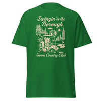 Queens Country Club T-shirt featuring vintage-style golf squirrel mascot driving a golf cart with NYC skyline, Unisphere, and Queensboro Bridge in background. Swingin' in the Borough golf streetwear for New York golfers