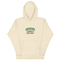 Queens Country Club Queens Golf New York collegiate hoodie with varsity-style golf graphic on front