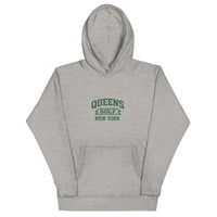 Queens Country Club Queens Golf New York collegiate hoodie with varsity-style golf graphic on front