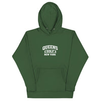 Queens Country Club Queens Golf New York collegiate hoodie with varsity-style golf graphic on front