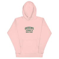 Queens Country Club Queens Golf New York collegiate hoodie with varsity-style golf graphic on front