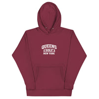 Queens Country Club Queens Golf New York collegiate hoodie with varsity-style golf graphic on front