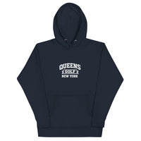Queens Country Club Queens Golf New York collegiate hoodie with varsity-style golf graphic on front