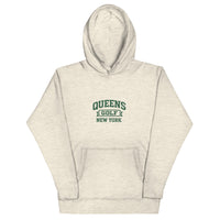 Queens Country Club Queens Golf New York collegiate hoodie with varsity-style golf graphic on front