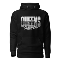 Black Queens Muni Vista Hoodie with a monochrome Queens municipal-golf graphic, front view | Queens Country Club
