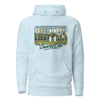 Sky Blue Queens Muni Vista Vintage Hoodie with a retro Queens municipal-golf graphic, front view | Queens Country Club