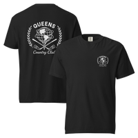 Black garment-dyed Queens Unisphere Golf Ball Tee with white print, front and back views | Queens Country Club