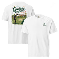 White Douglaston Golf Course Tee featuring the QCC public golf graphic, front-and-back product mockup