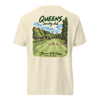QCC Fairway Fox Tee in Ivory, back view: three foxes on a tree-lined fairway with a green, flag and bridge; Queens Country Club and Clearview Golf Course lettering.