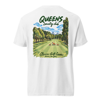 QCC Fairway Fox Tee in White, back view: three foxes on a tree-lined fairway with a green, flag and bridge; Queens Country Club and Clearview Golf Course lettering.