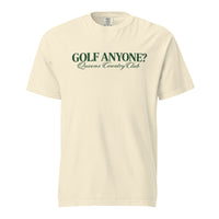 Queens Country Club Golf Anyone? Tee with green print in Ivory, front view