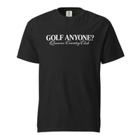 Queens Country Club Golf Anyone? Tee with white print in Black, front view