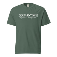Queens Country Club Golf Anyone? Tee with white print in Blue Spruce, front view