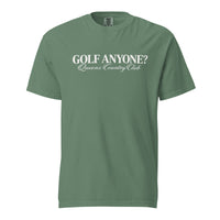 Queens Country Club Golf Anyone? Tee with white print in Light Green, front view