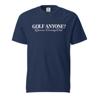 Queens Country Club Golf Anyone? Tee with white print in True Navy, front view