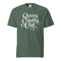 Blue Spruce QCC Heritage Script heavyweight garment-dyed T-shirt with white Queens Country Club graphic