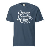 Midnight QCC Heritage Script heavyweight garment-dyed T-shirt with white Queens Country Club graphic