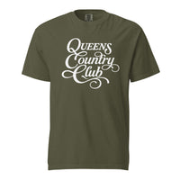 Sage QCC Heritage Script heavyweight garment-dyed T-shirt with white Queens Country Club graphic