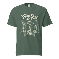 Blue Spruce Hole in the City heavyweight golf T-shirt with cream QCC three-golfer graphic