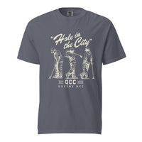 Denim Hole in the City heavyweight golf T-shirt with cream QCC three-golfer graphic