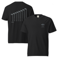 QCC Iron Lineup Tee in Black, front and back view showing QCC crossed-club chest emblem and sketched iron lineup on the back.