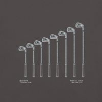 QCC Iron Lineup Tee in Graphite, back view showing sketched iron and wedge lineup.