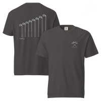 QCC Iron Lineup Tee in Graphite, front and back view showing QCC crossed-club chest emblem and sketched iron lineup on the back.