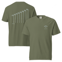 QCC Iron Lineup Tee in Moss, front and back view showing QCC crossed-club chest emblem and sketched iron lineup on the back.