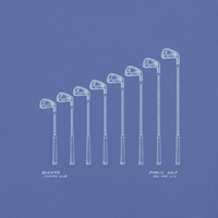 QCC Iron Lineup Tee in Mystic Blue, back view showing sketched iron and wedge lineup.