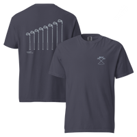 QCC Iron Lineup Tee in Navy, front and back view showing QCC crossed-club chest emblem and sketched iron lineup on the back.