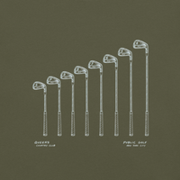 QCC Iron Lineup Tee in Sage, back view showing sketched iron and wedge lineup.