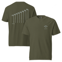 QCC Iron Lineup Tee in Sage, front and back view showing QCC crossed-club chest emblem and sketched iron lineup on the back.