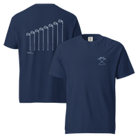 QCC Iron Lineup Tee in True Navy, front and back view showing QCC crossed-club chest emblem and sketched iron lineup on the back.