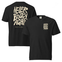 Black Never Bogey Again heavyweight T-shirt with cream Queens Country Club graphic, front and back views