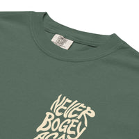 Product detail view of Blue Spruce Never Bogey Again heavyweight T-shirt with cream graphic