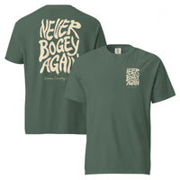 Blue Spruce Never Bogey Again heavyweight T-shirt with cream Queens Country Club graphic, front and back views