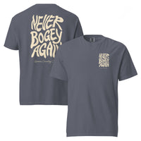 Denim Never Bogey Again heavyweight T-shirt with cream Queens Country Club graphic, front and back views