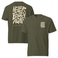 Sage Never Bogey Again heavyweight T-shirt with cream Queens Country Club graphic, front and back views