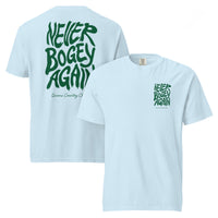 Chambray Never Bogey Again heavyweight T-shirt with green Queens Country Club graphic, front and back views