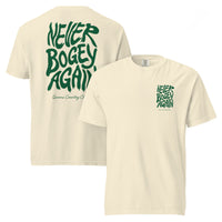 Ivory Never Bogey Again heavyweight T-shirt with green Queens Country Club graphic, front and back views