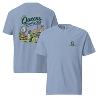 Washed Denim Queens Country Club Cityscape Tee featuring the QCC skyline golf graphic, front-and-back product mockup