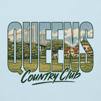 Sky Blue Queens Muni Vista Vintage Hoodie with a retro Queens municipal-golf graphic, alternate front view