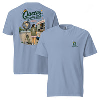 Washed Denim Queens Summer Country Club Tee featuring the seasonal QCC golf graphic, front-and-back product mockup