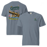 Blue Jean Queensboro Bridge Golf Tee featuring the QCC bridge golf graphic, front-and-back product mockup
