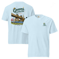 Chambray Queensboro Bridge Golf Tee featuring the QCC bridge golf graphic, front-and-back product mockup
