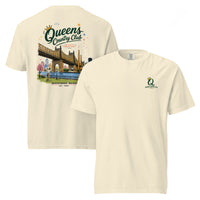 Ivory Queensboro Bridge Golf Tee featuring the QCC bridge golf graphic, front-and-back product mockup
